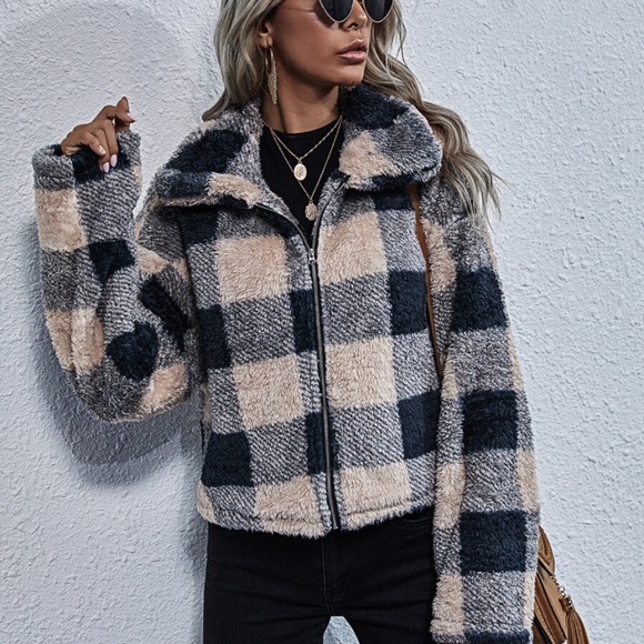 Cozy plaid zipper teddy jacket coat Shacket - Picture 4 of 7